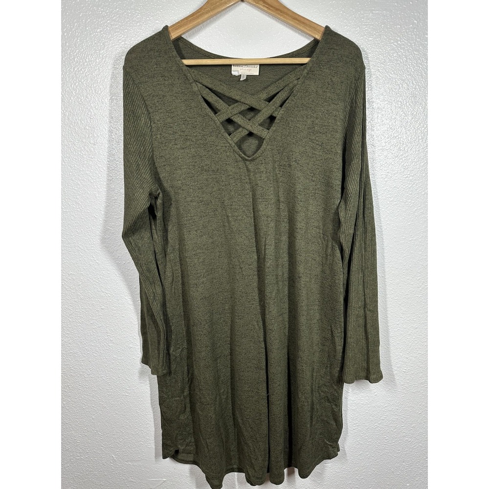 Bobbie Brooks Shirt Womens‎ 1X Olive Green Criss Cross V Neck Tunic Long Sleeve